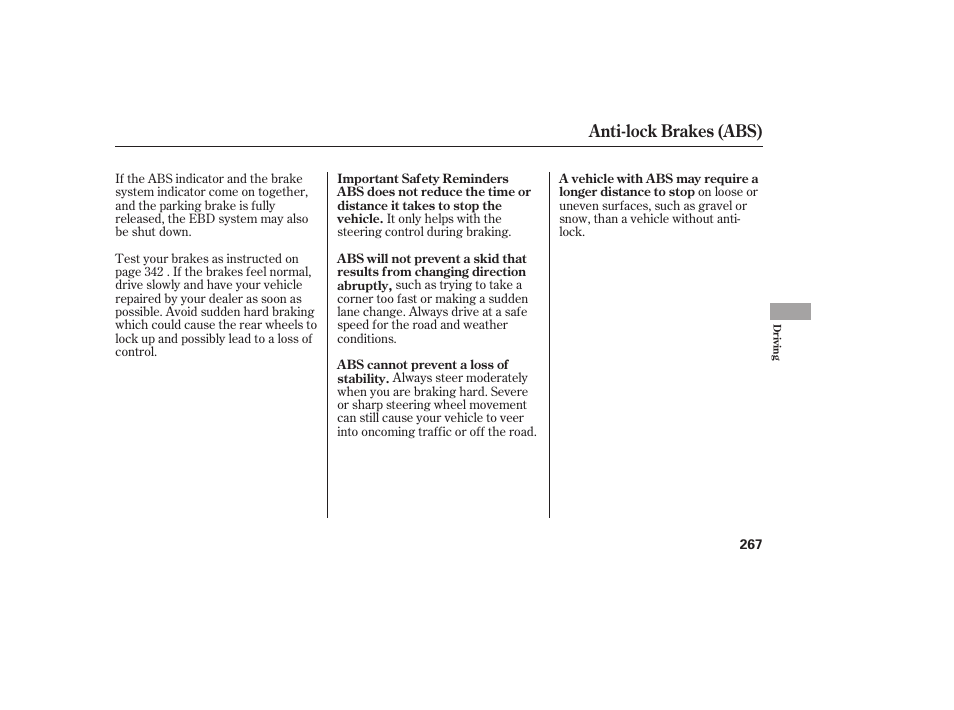 Anti-lock brakes (abs) | HONDA 2011 Civic Sedan User Manual | Page 273 / 390