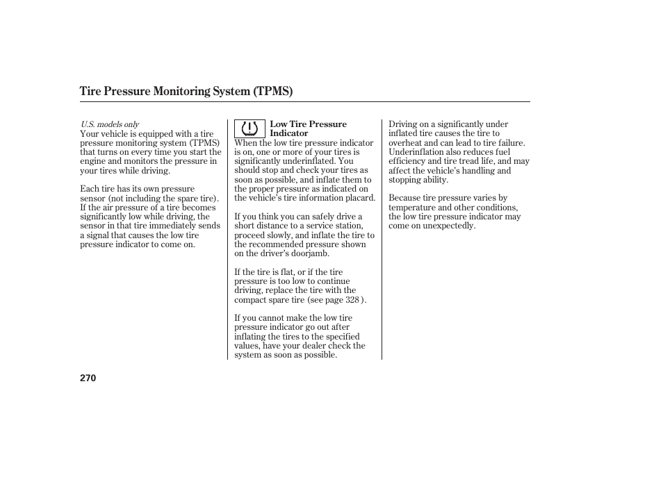 Tire pressure monitoring system (tpms) | HONDA 2011 Civic Sedan User Manual | Page 276 / 390