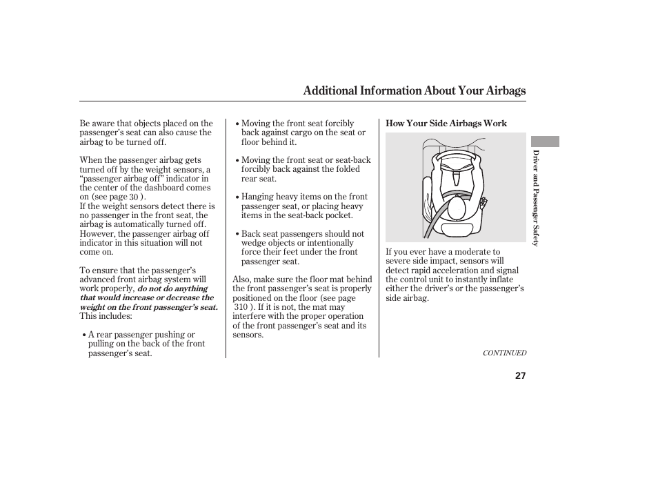 Additional information about your airbags | HONDA 2011 Civic Sedan User Manual | Page 33 / 390