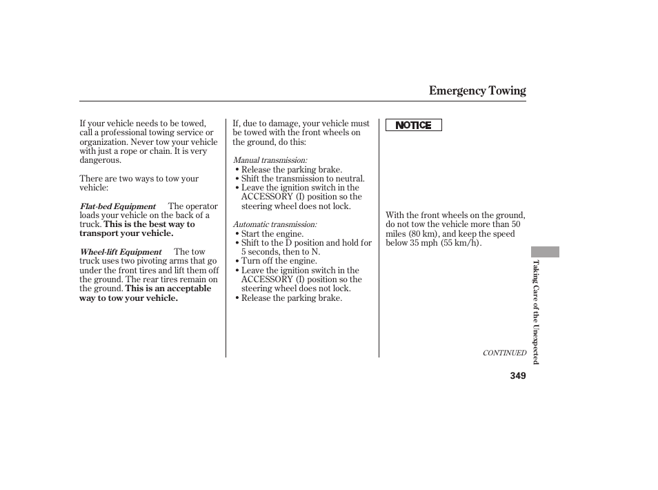 Emergency towing | HONDA 2011 Civic Sedan User Manual | Page 355 / 390