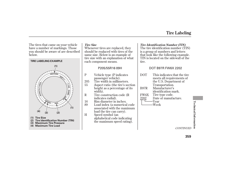 Tire labeling | HONDA 2011 Civic Sedan User Manual | Page 365 / 390