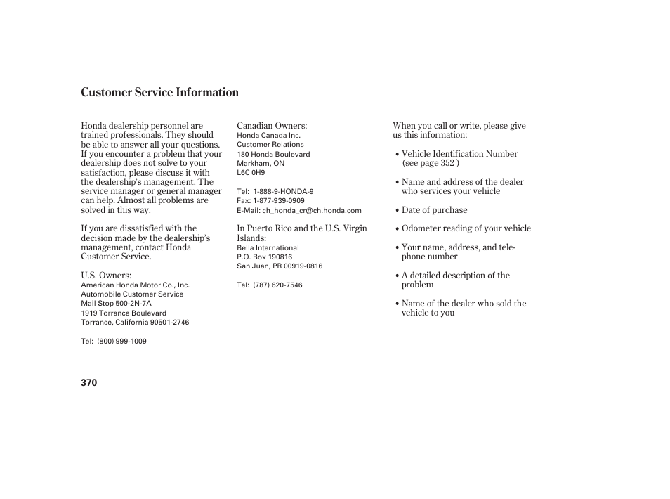 Customer service information | HONDA 2011 Civic Sedan User Manual | Page 376 / 390