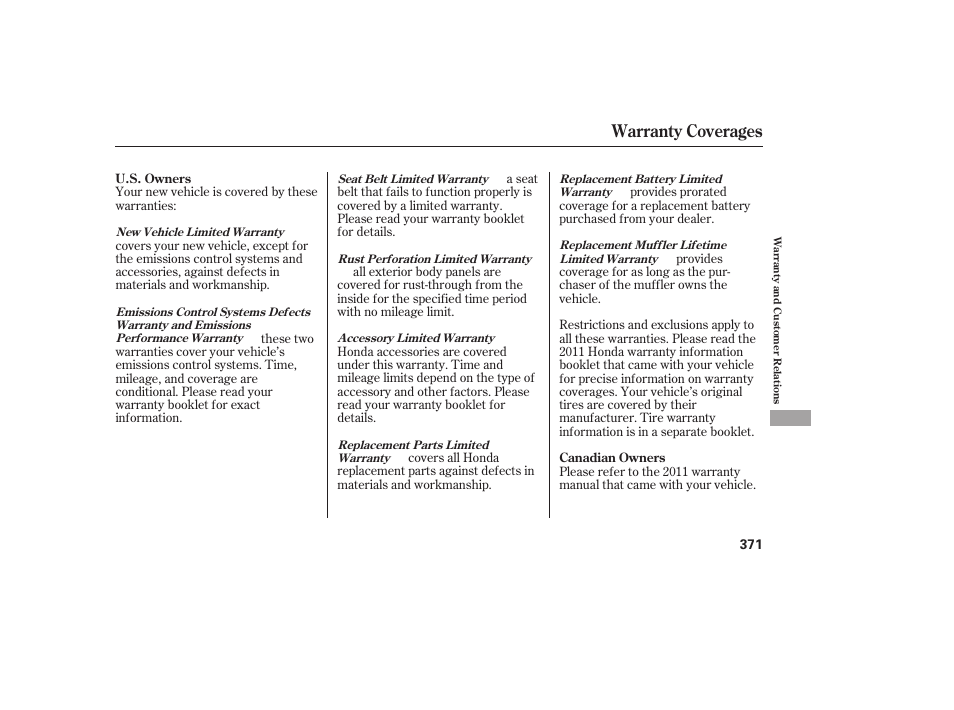 Warranty coverages | HONDA 2011 Civic Sedan User Manual | Page 377 / 390