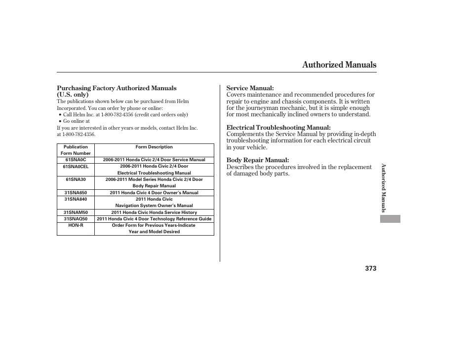 Authorized manuals | HONDA 2011 Civic Sedan User Manual | Page 379 / 390