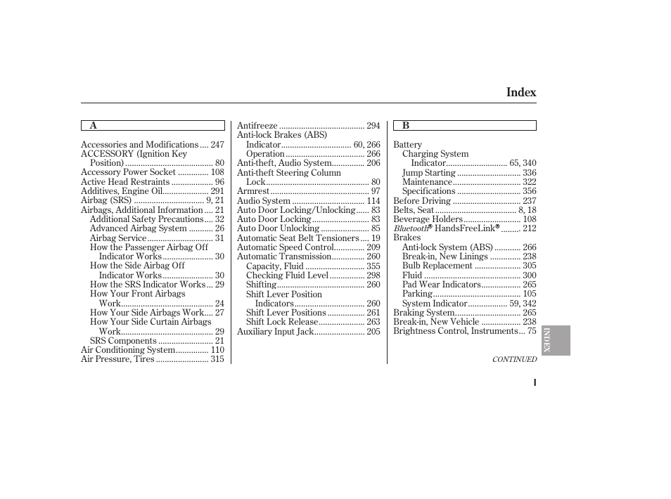 Index | HONDA 2011 Civic Sedan User Manual | Page 381 / 390