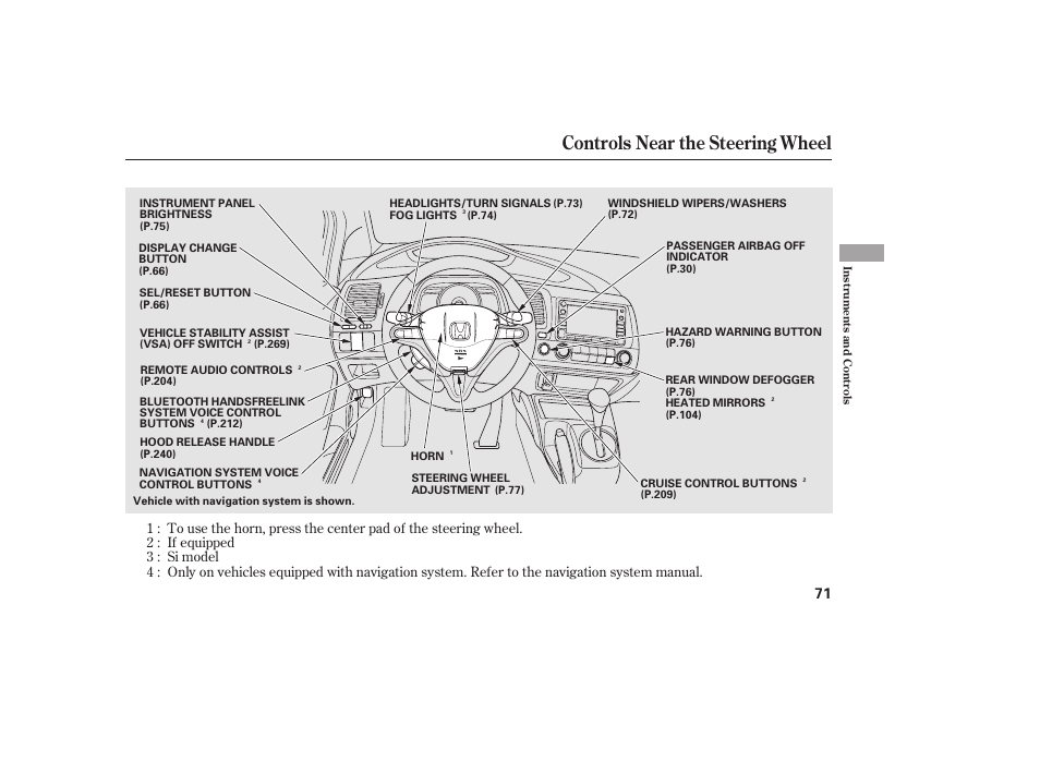 Controls near the steering wheel | HONDA 2011 Civic Sedan User Manual | Page 77 / 390