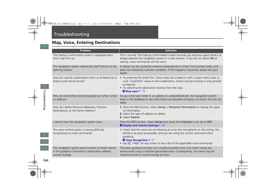 Troubleshooting, Map, voice, entering destinations | HONDA 2013 Insight Navigation User Manual | Page 165 / 202