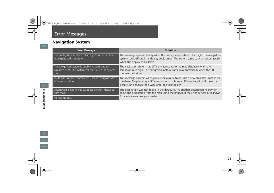 Error messages, 2 error messages p. 171, Navigation system | HONDA 2013 Insight Navigation User Manual | Page 172 / 202