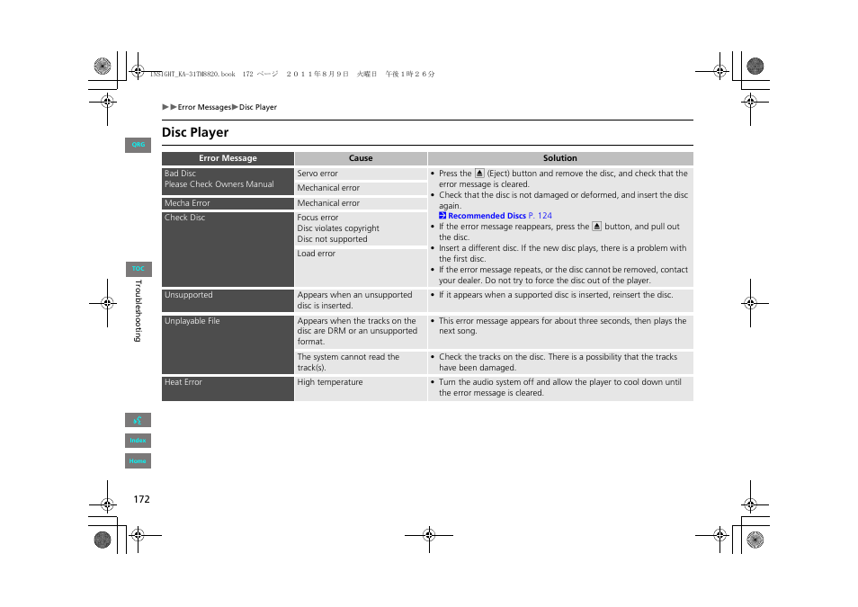 Disc player | HONDA 2013 Insight Navigation User Manual | Page 173 / 202