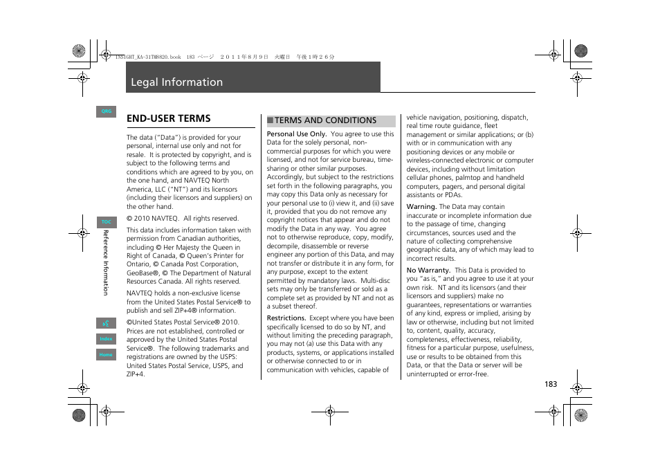 Legal information, End-user terms | HONDA 2013 Insight Navigation User Manual | Page 184 / 202
