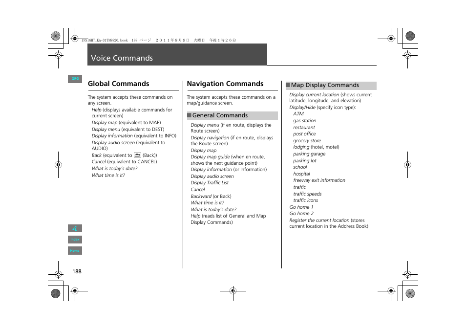 2 voice commands, P. 188, 2 global commands p. 188 | 2 map display commands p. 188, Voice commands, Global commands, Navigation commands | HONDA 2013 Insight Navigation User Manual | Page 189 / 202