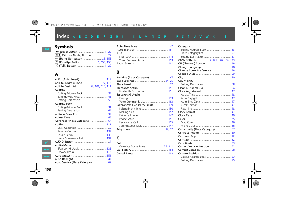 Index, P.198, Symbols | HONDA 2013 Insight Navigation User Manual | Page 199 / 202