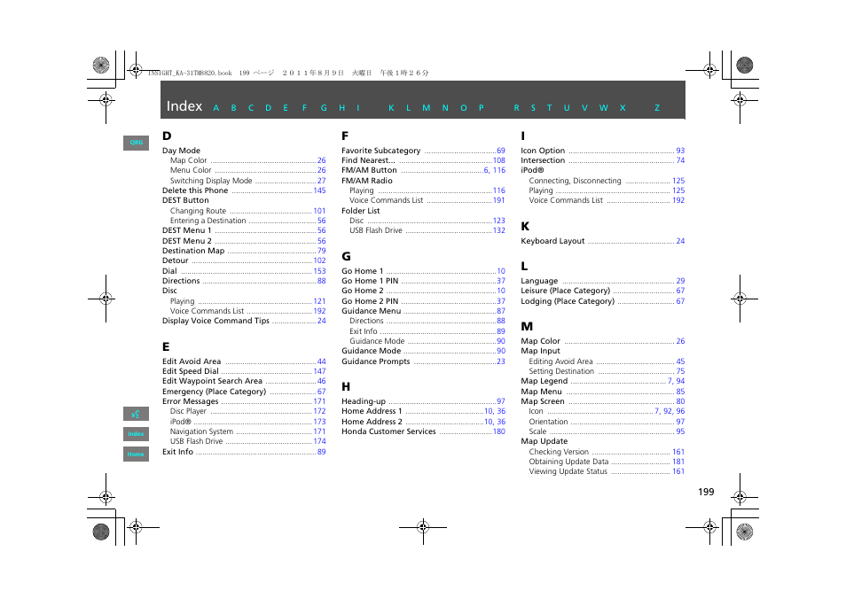 Index | HONDA 2013 Insight Navigation User Manual | Page 200 / 202
