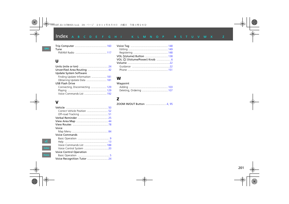 Index | HONDA 2013 Insight Navigation User Manual | Page 202 / 202