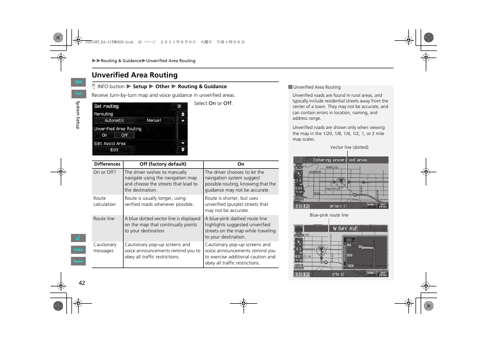 2 unverified area routing, P. 42, Unverified area routing | HONDA 2013 Insight Navigation User Manual | Page 43 / 202