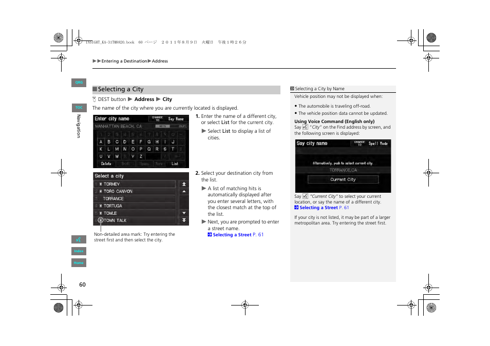2 selecting a city, P. 60 | HONDA 2013 Insight Navigation User Manual | Page 61 / 202