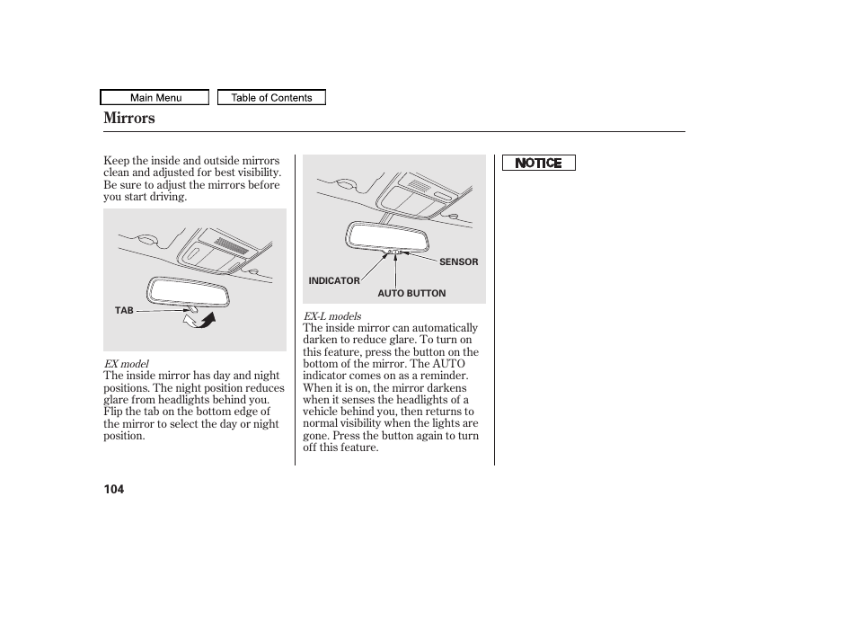 Mirrors | HONDA 2010 Accord Crosstour User Manual | Page 107 / 434