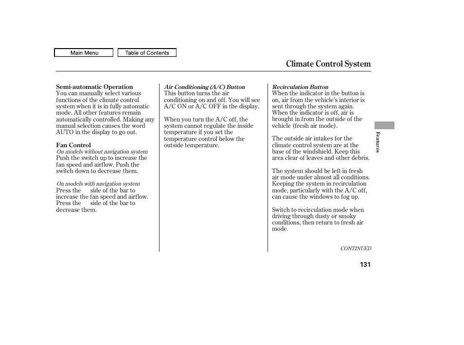 Climate control system | HONDA 2010 Accord Crosstour User Manual | Page 134 / 434