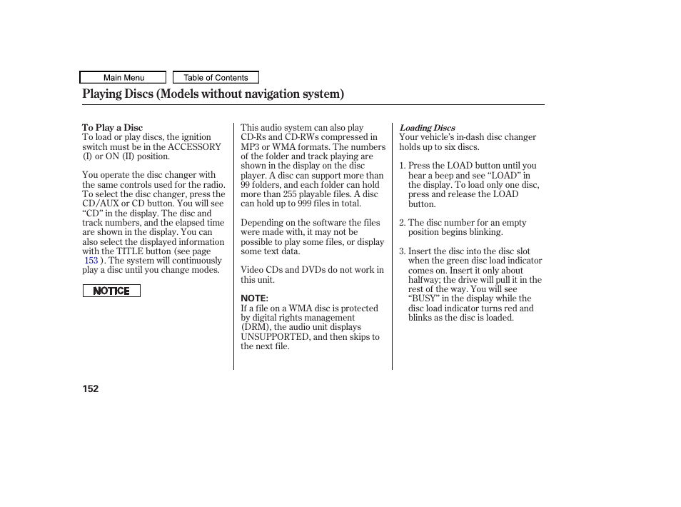 Playing discs (models without navigation system) | HONDA 2010 Accord Crosstour User Manual | Page 155 / 434