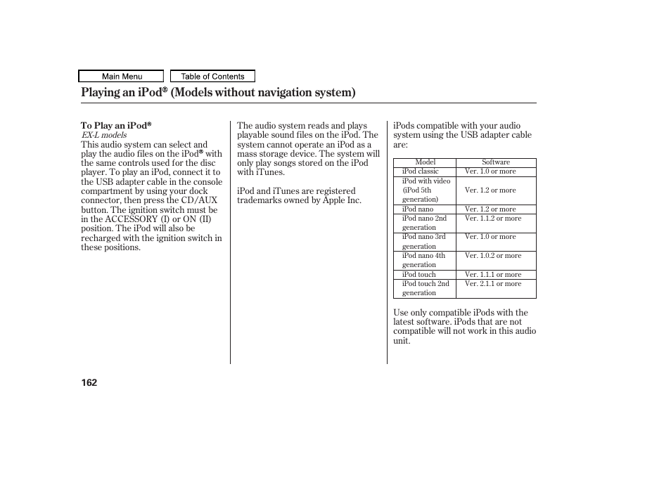 Playing an ipod (models without navigation system), 2010 accord crosstour | HONDA 2010 Accord Crosstour User Manual | Page 165 / 434