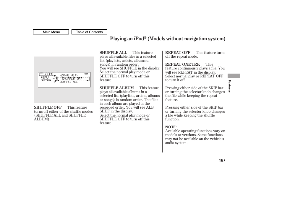 Playing an ipod (models without navigation system) | HONDA 2010 Accord Crosstour User Manual | Page 170 / 434