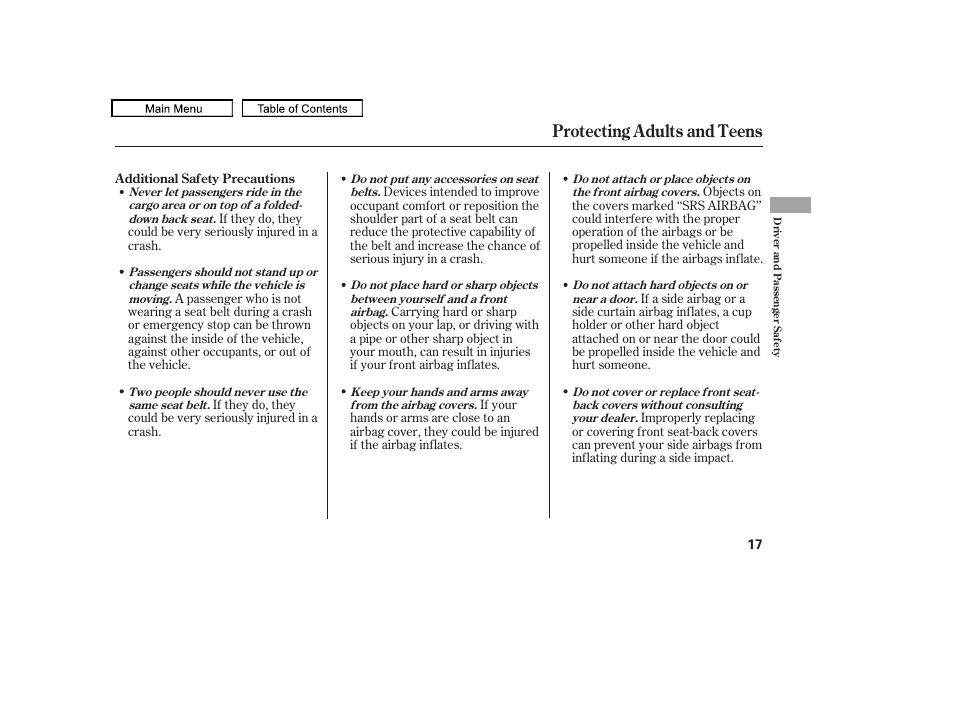 Protecting adults and teens | HONDA 2010 Accord Crosstour User Manual | Page 20 / 434