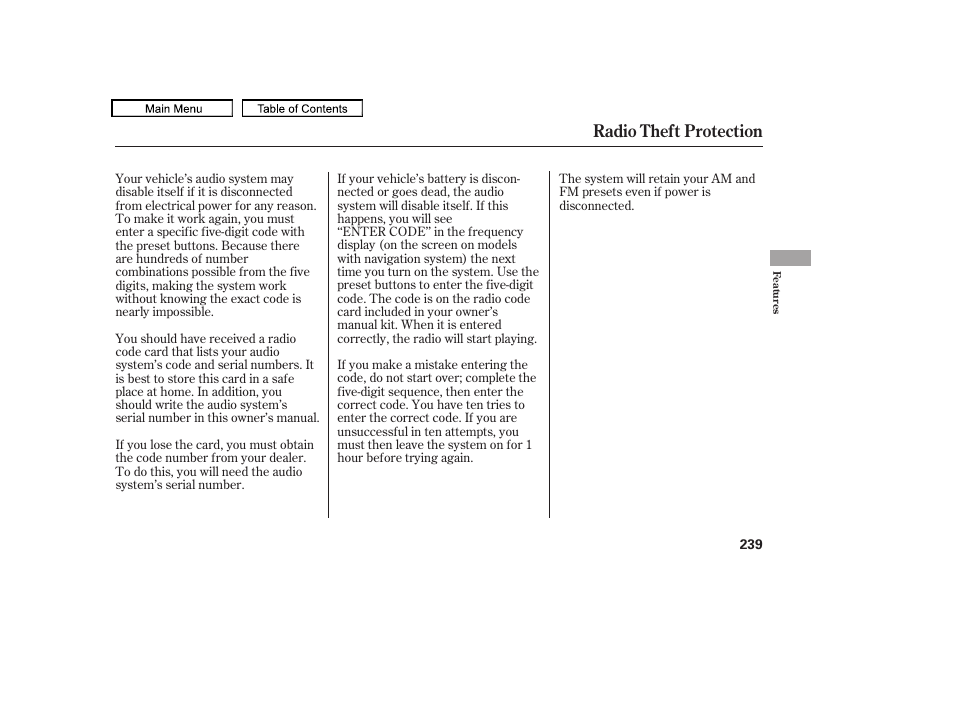 Radio theft protection | HONDA 2010 Accord Crosstour User Manual | Page 242 / 434
