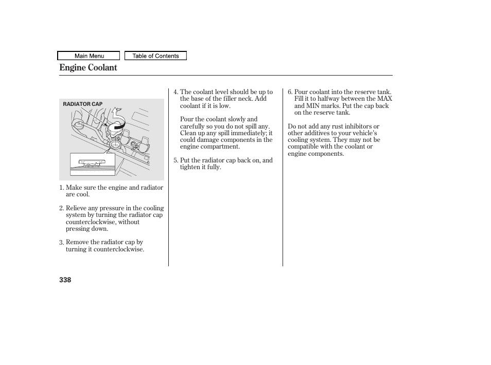 Radiator cap, Engine coolant | HONDA 2010 Accord Crosstour User Manual | Page 341 / 434