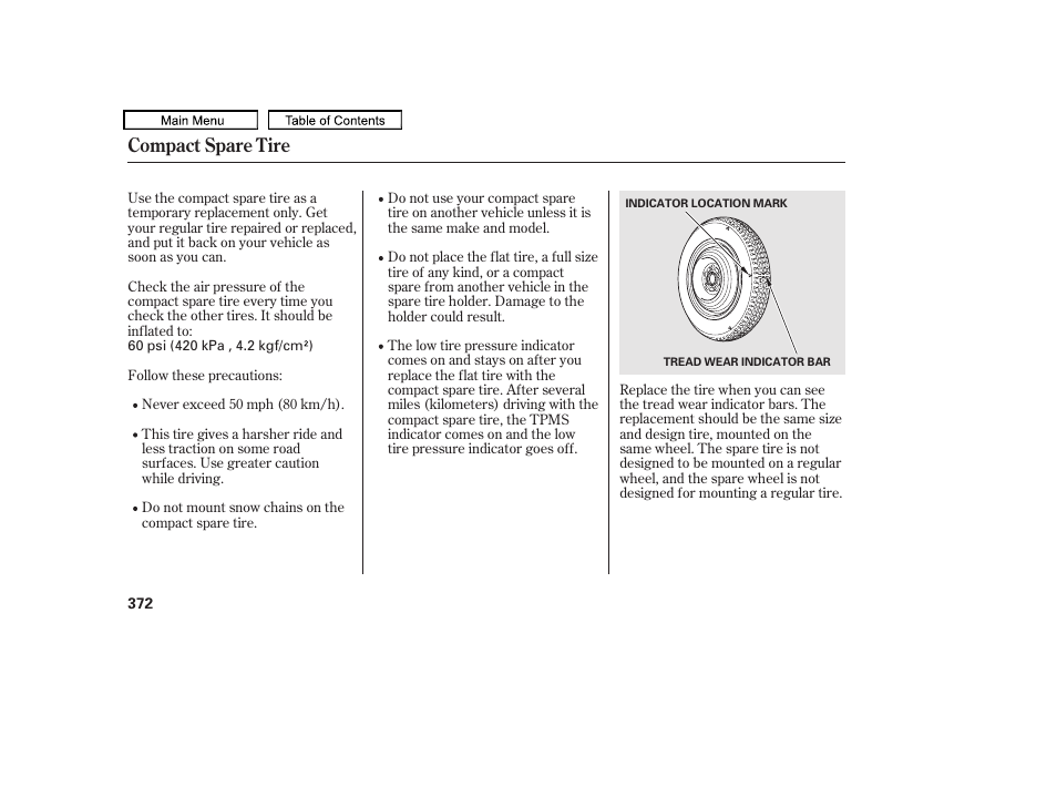 Compact spare tire | HONDA 2010 Accord Crosstour User Manual | Page 375 / 434