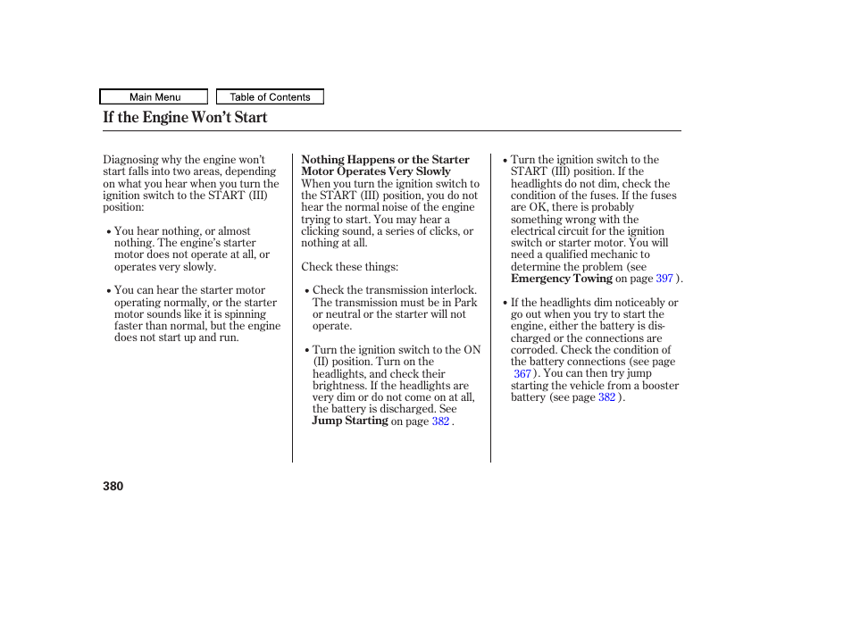 If the engine won’t start | HONDA 2010 Accord Crosstour User Manual | Page 383 / 434