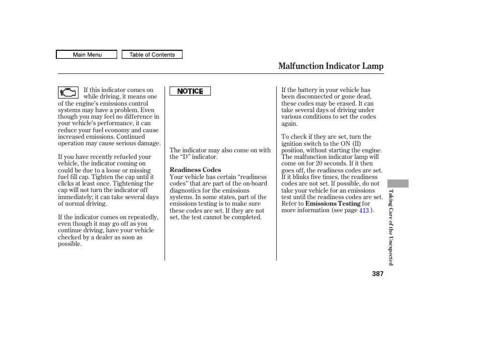 Malfunction indicator lamp, 2010 accord crosstour | HONDA 2010 Accord Crosstour User Manual | Page 390 / 434