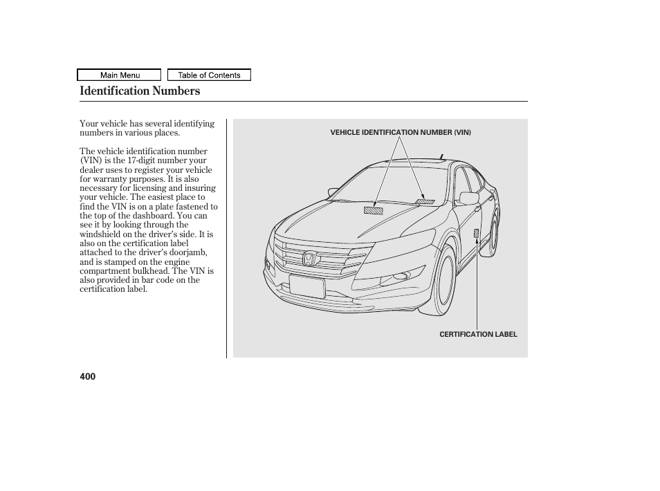 Identification numbers | HONDA 2010 Accord Crosstour User Manual | Page 403 / 434