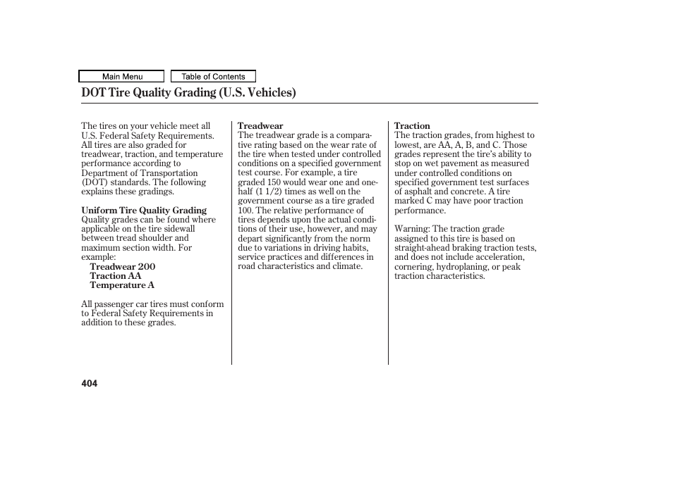 Dot tire quality grading (u.s. vehicles) | HONDA 2010 Accord Crosstour User Manual | Page 407 / 434