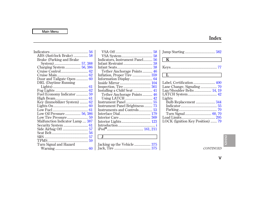 Untitled, Index | HONDA 2010 Accord Crosstour User Manual | Page 427 / 434
