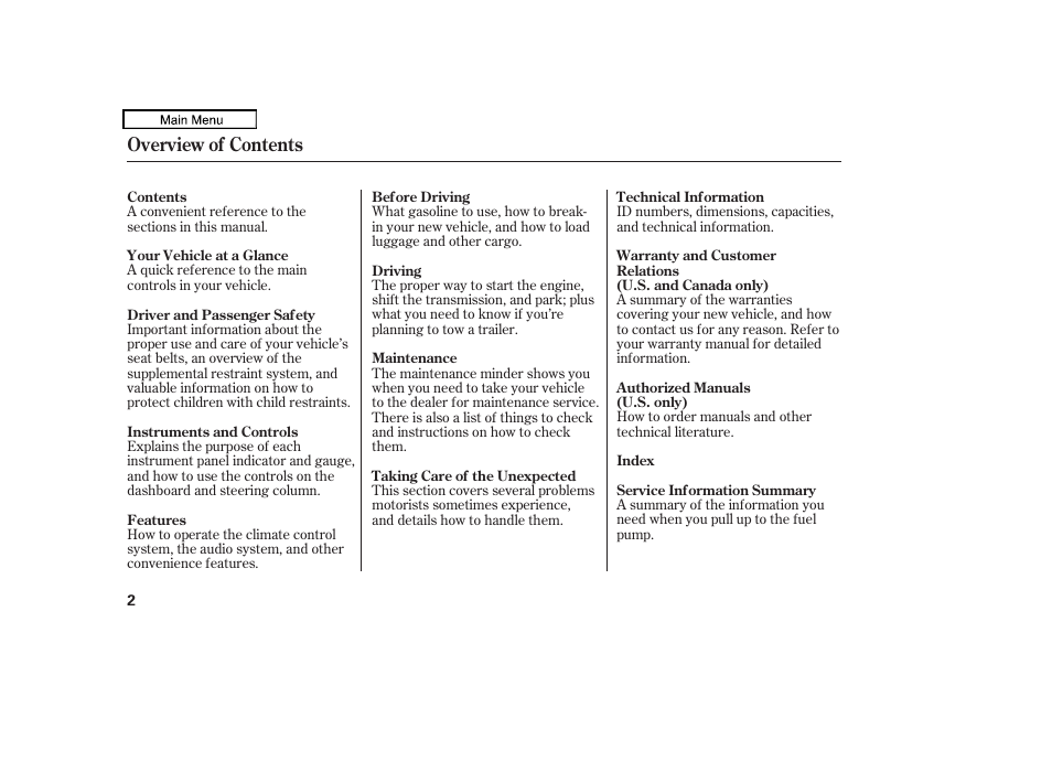 Overview of contents | HONDA 2010 Accord Crosstour User Manual | Page 5 / 434