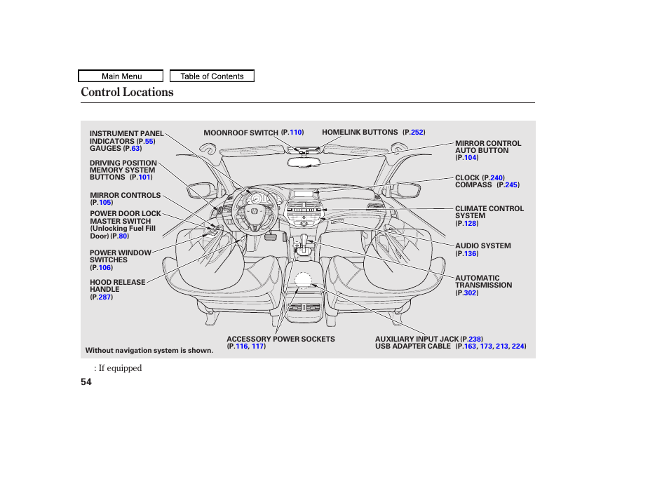 Control locations, 2010 accord crosstour | HONDA 2010 Accord Crosstour User Manual | Page 57 / 434