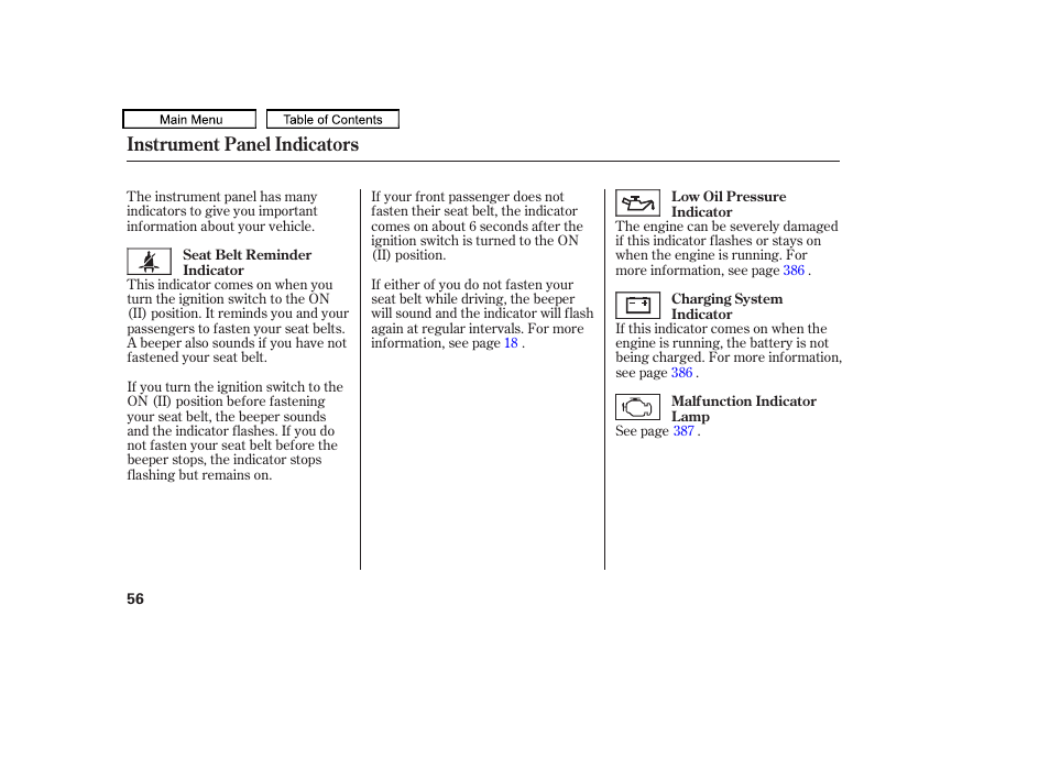 Instrument panel indicators | HONDA 2010 Accord Crosstour User Manual | Page 59 / 434