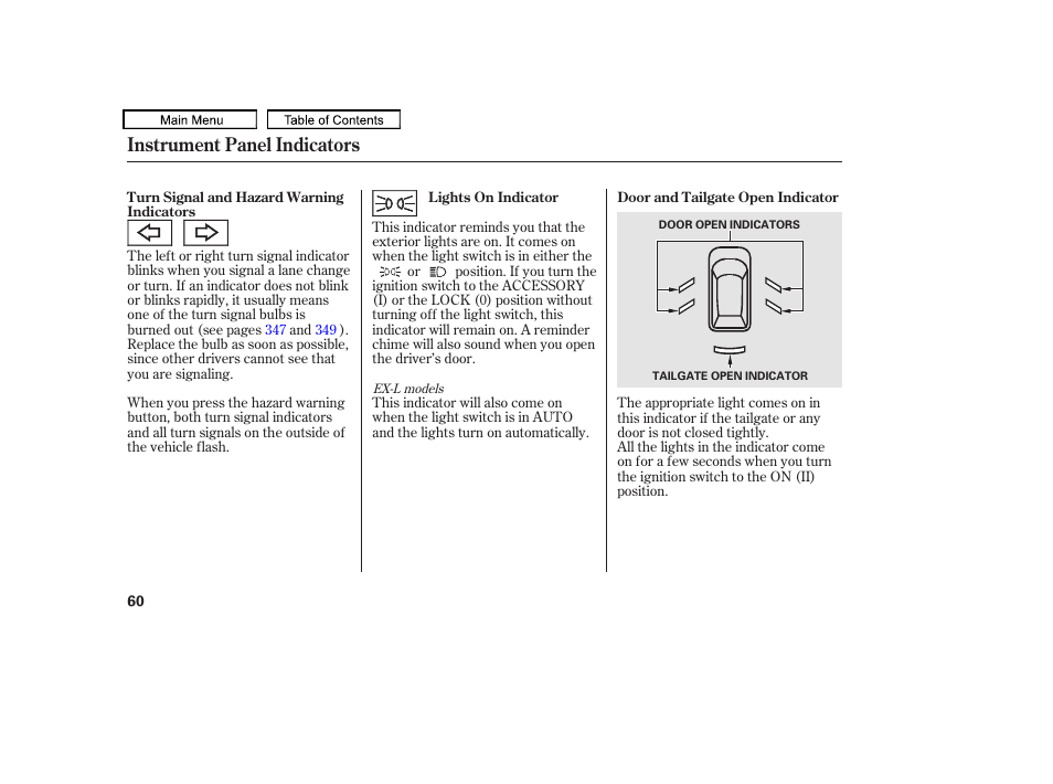 Instrument panel indicators | HONDA 2010 Accord Crosstour User Manual | Page 63 / 434
