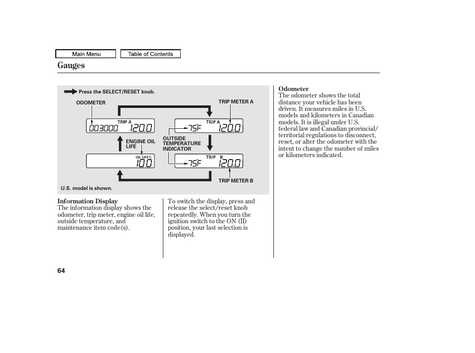 Odometer, Information display, Gauges | HONDA 2010 Accord Crosstour User Manual | Page 67 / 434