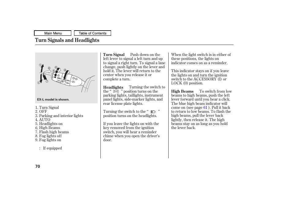 Turn signals and headlights | HONDA 2010 Accord Crosstour User Manual | Page 73 / 434