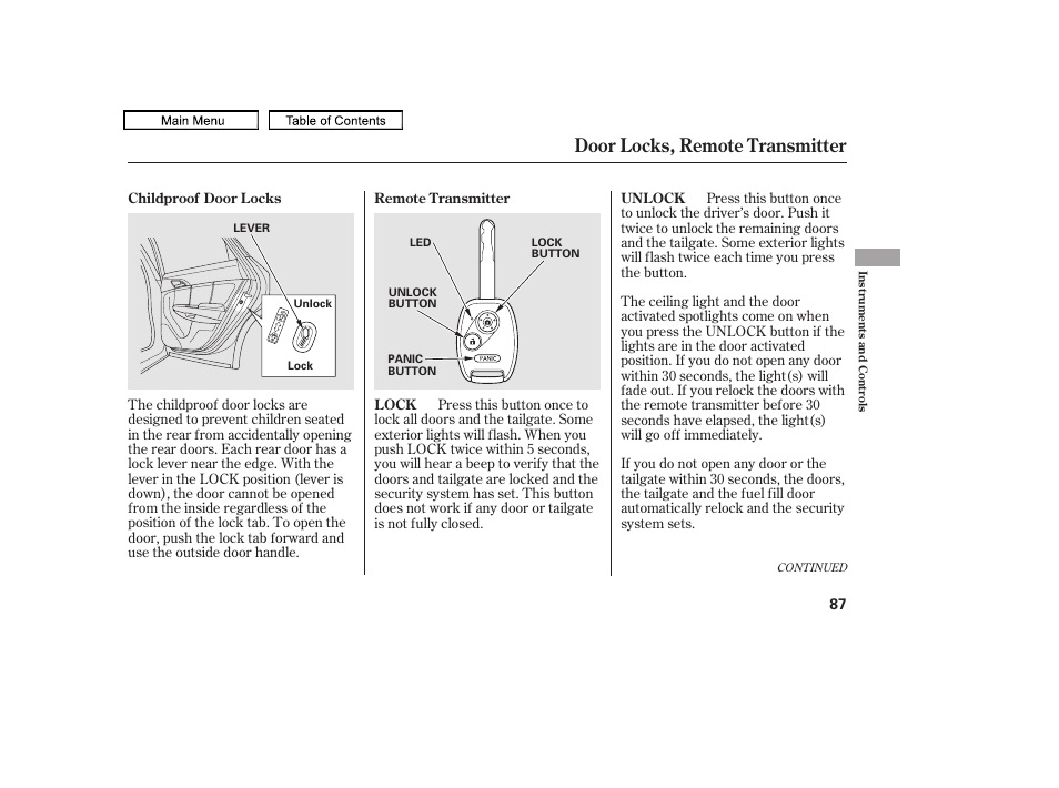 Door locks, remote transmitter, 2010 accord crosstour | HONDA 2010 Accord Crosstour User Manual | Page 90 / 434