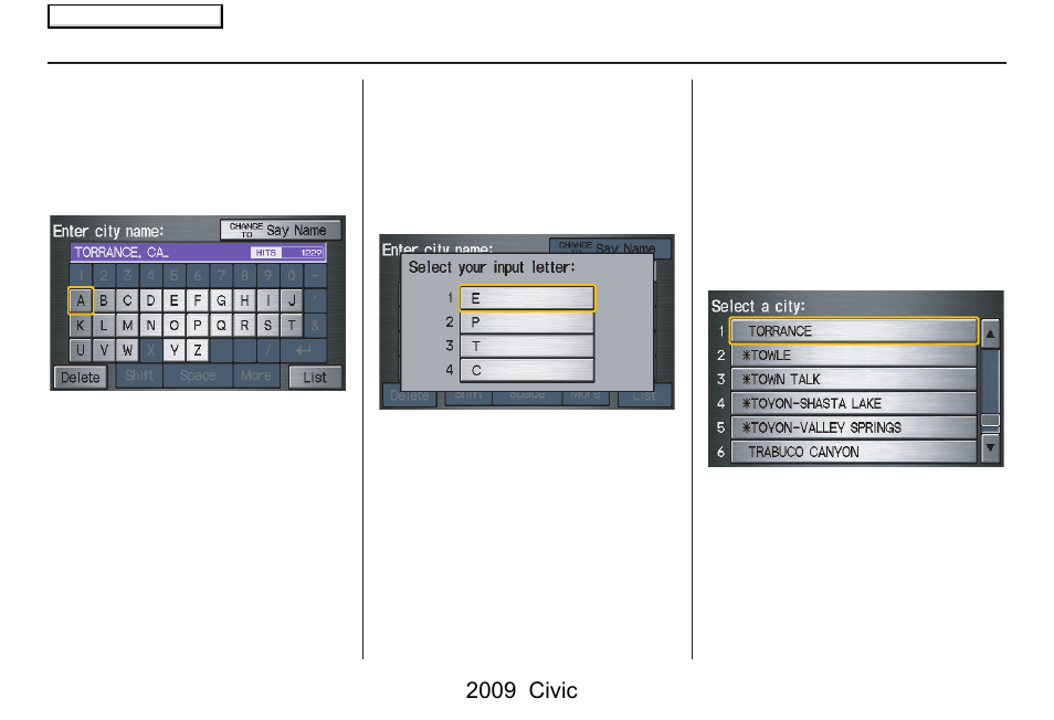 Entering a destination, 2009 civic | HONDA 2009 Civic Navigation User Manual | Page 24 / 151