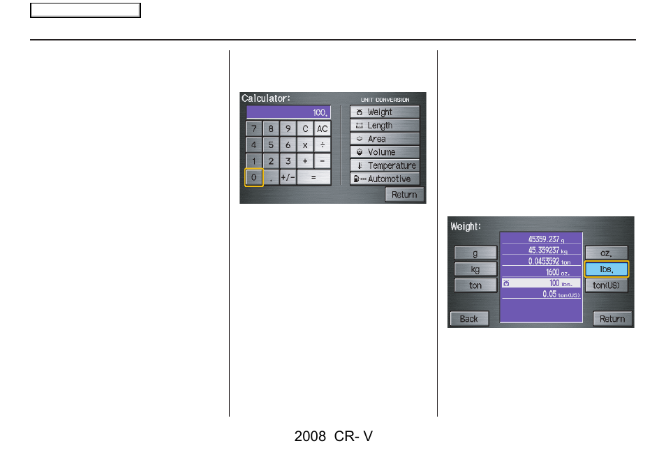 Information features, 2008 cr- v | HONDA 2008 CR-V Navigation User Manual | Page 70 / 145