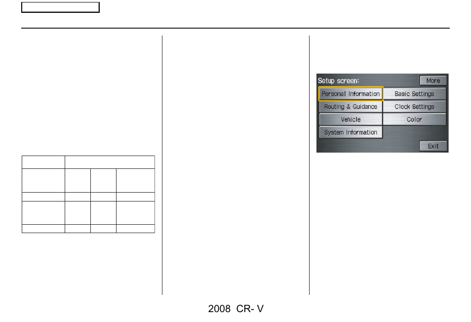System set-up, 2008 cr- v | HONDA 2008 CR-V Navigation User Manual | Page 73 / 145