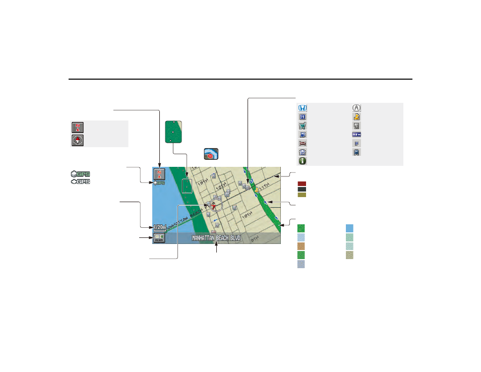Map screen legend, Getting started | HONDA 2013 Ridgeline Navigation User Manual | Page 20 / 152