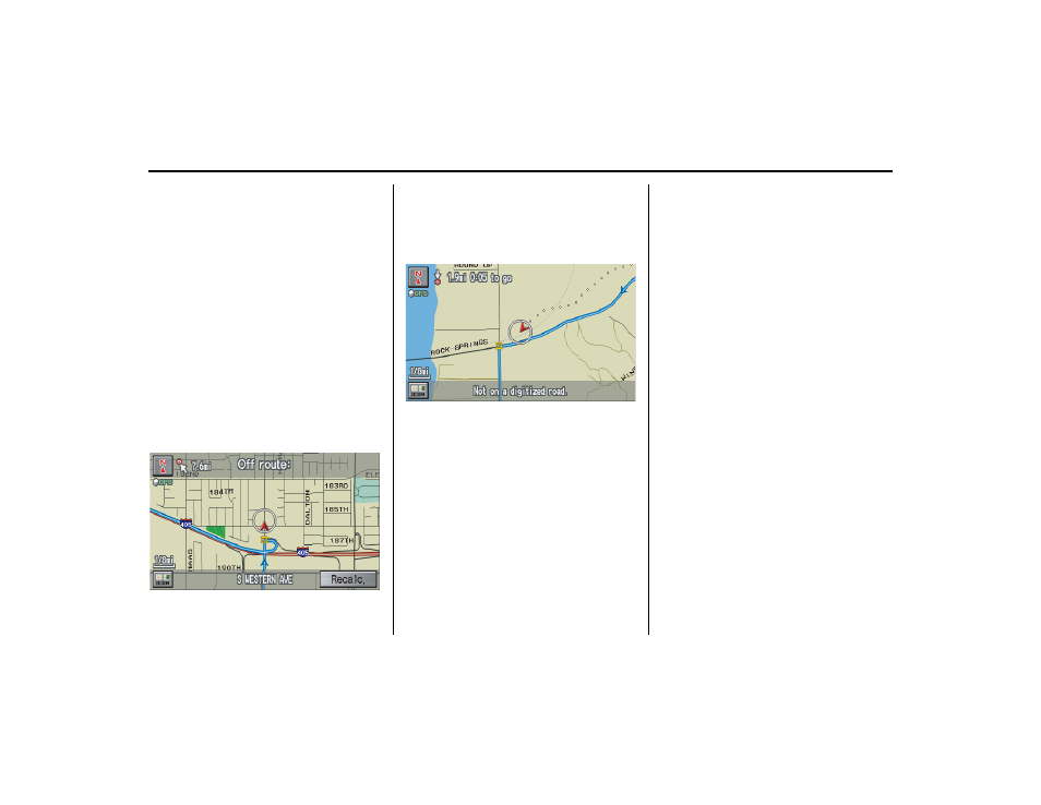Going off the route, Off-road tracking, See off-road tracking | Driving to your destination | HONDA 2013 Ridgeline Navigation User Manual | Page 63 / 152