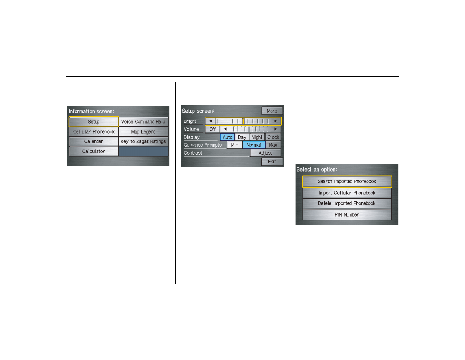 Information features, Information screen, Setup | Cellular phonebook | HONDA 2013 Ridgeline Navigation User Manual | Page 72 / 152