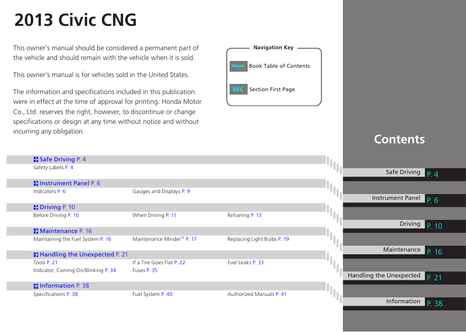 HONDA 2013 Civic CNG User Manual | 41 pages