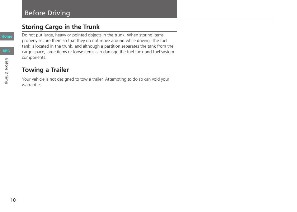 31tr5910_chapter03, P. 10, Driving p. 10 | Before driving, Storing cargo in the trunk, Towing a trailer | HONDA 2013 Civic CNG User Manual | Page 10 / 41