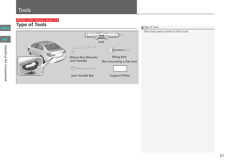 31tr5910_chapter05, P. 21, Handling the unexpected p. 21 | Tools, Type of tools | HONDA 2013 Civic CNG User Manual | Page 21 / 41